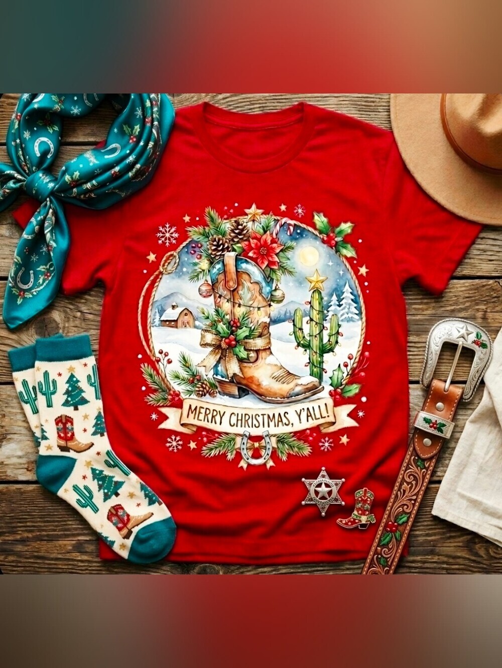 Western Christmas Cowboy Boot Tee • Merry Christmas Y’all • Rustic Holiday